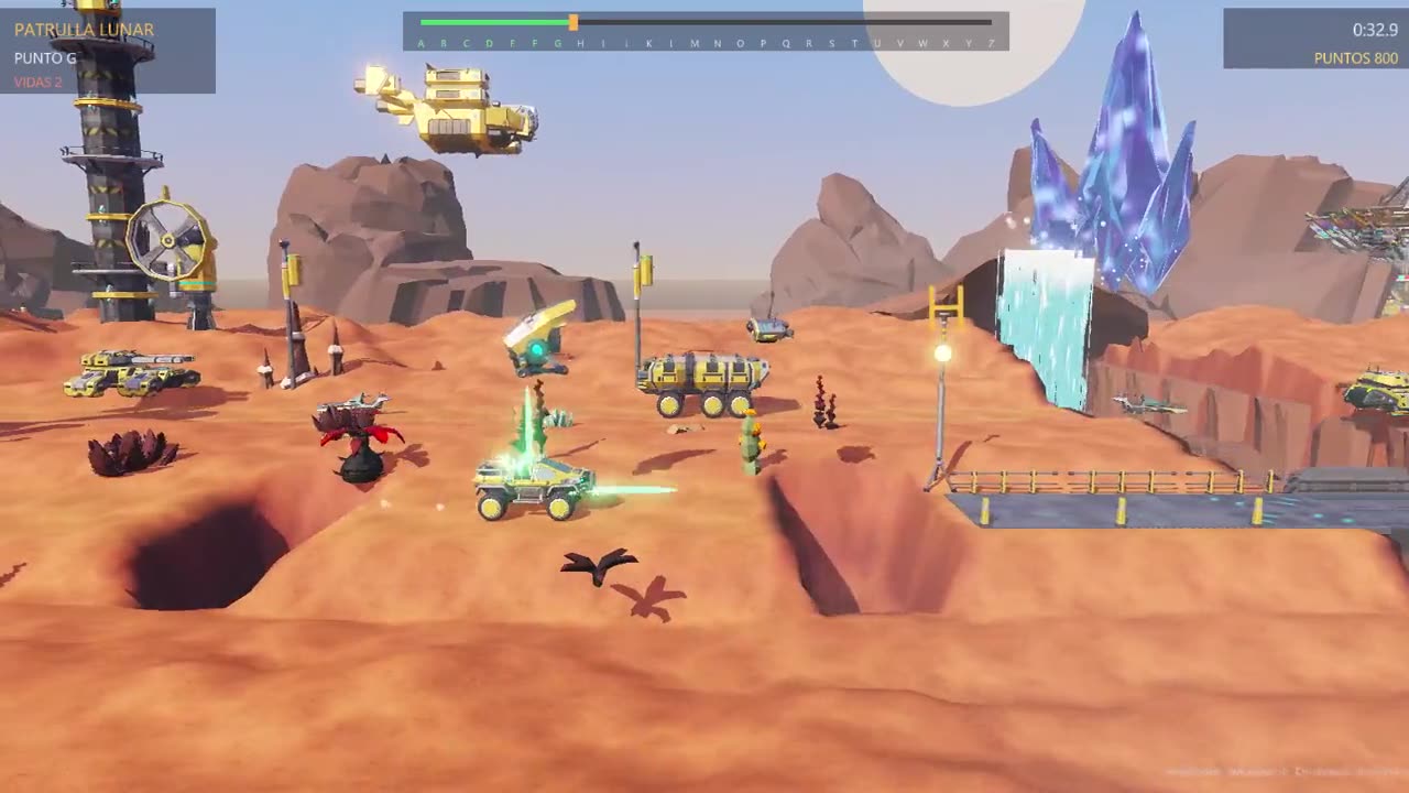 A lunar buggy driving across a desert while saucers attack