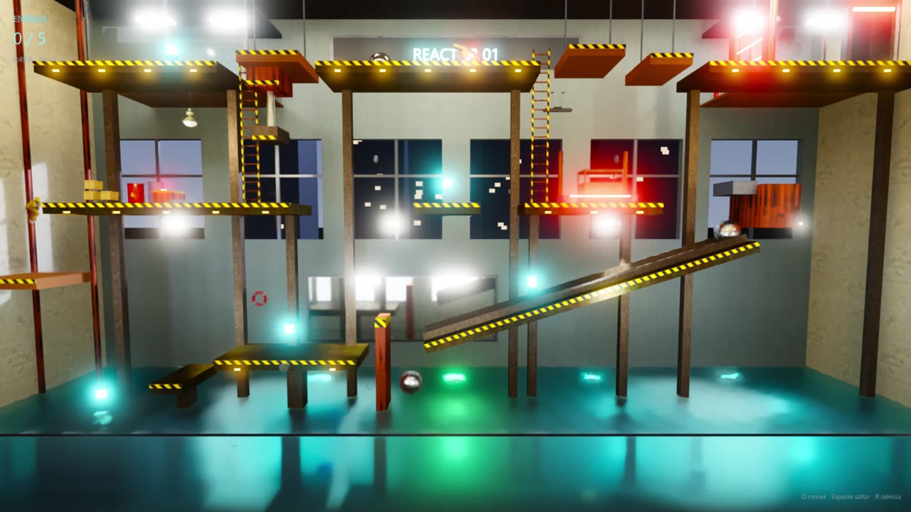 Reactor room with coloured emissive lights, path traced
