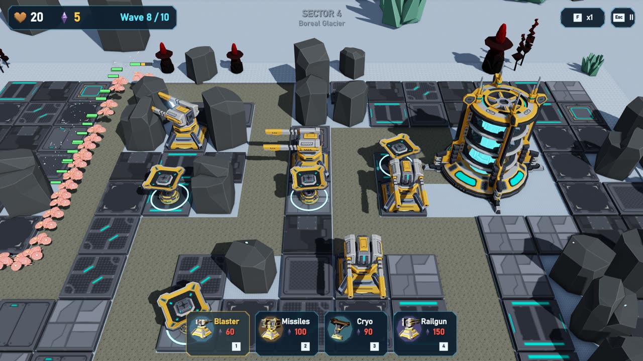 Turrets firing at a column of robots on an icy board