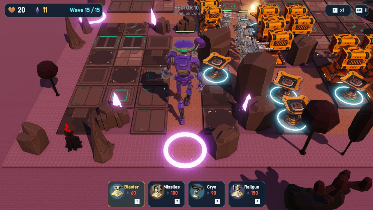 A giant purple robot walking past turrets