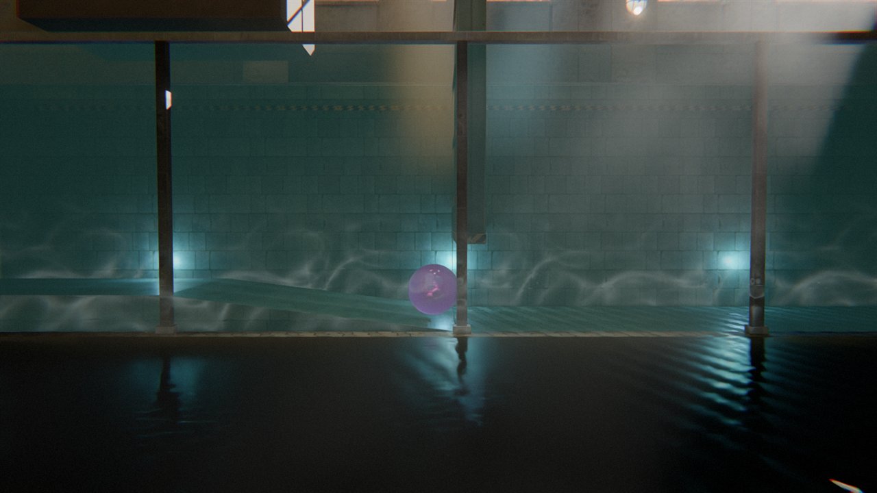 BLÖP: a pink gel ball under water behind glass, with light shafts and moving reflections