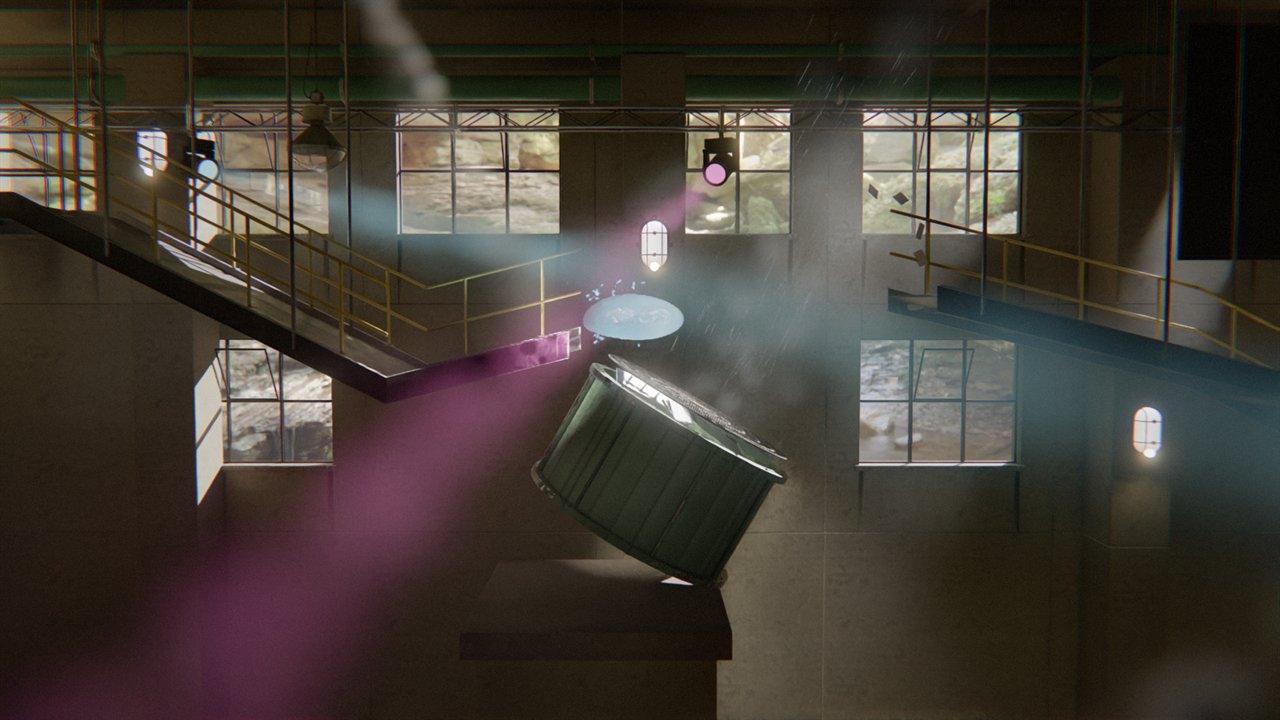BLÖP: an industrial hall with stage lights, light shafts through the windows and a gel body in the air