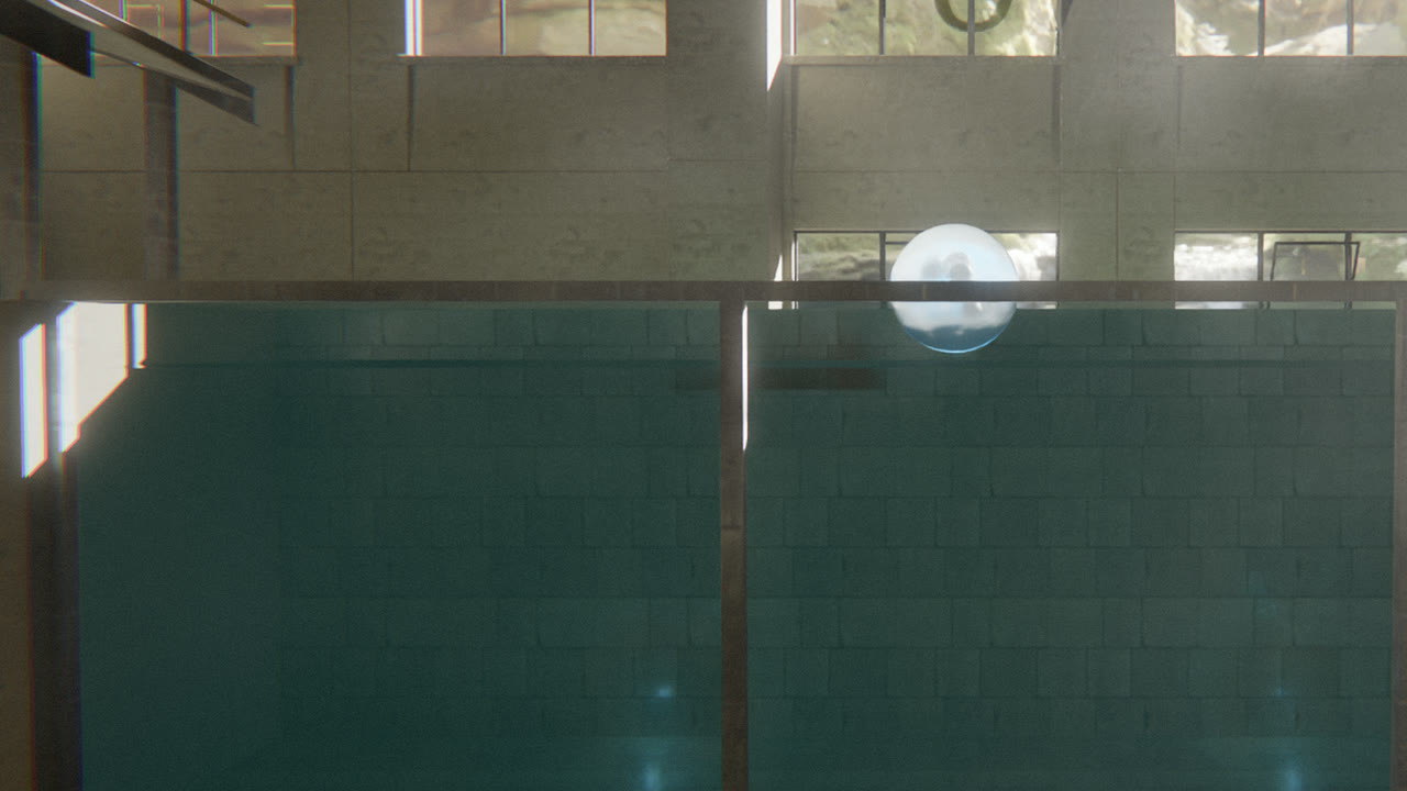 BLÖP: a gel ball floating on the water of a tiled tank