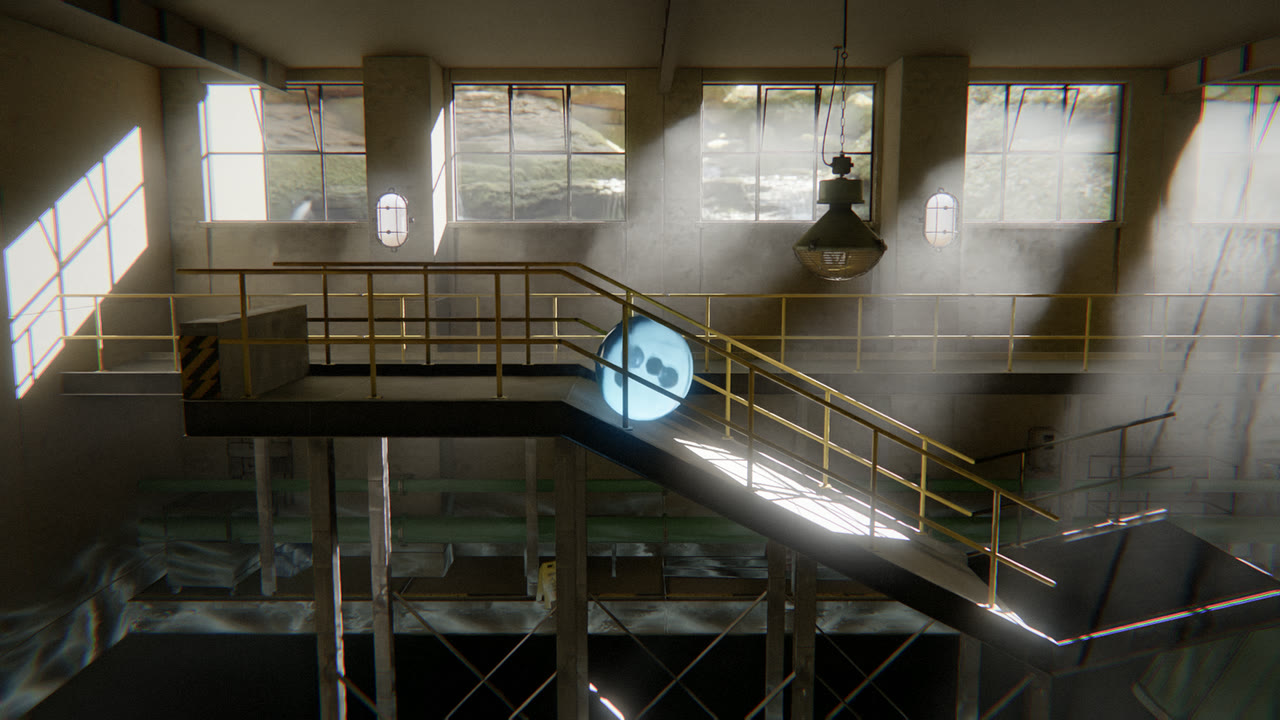 A glowing gel ball on a steel stair inside an industrial hall, with light shafts through the windows