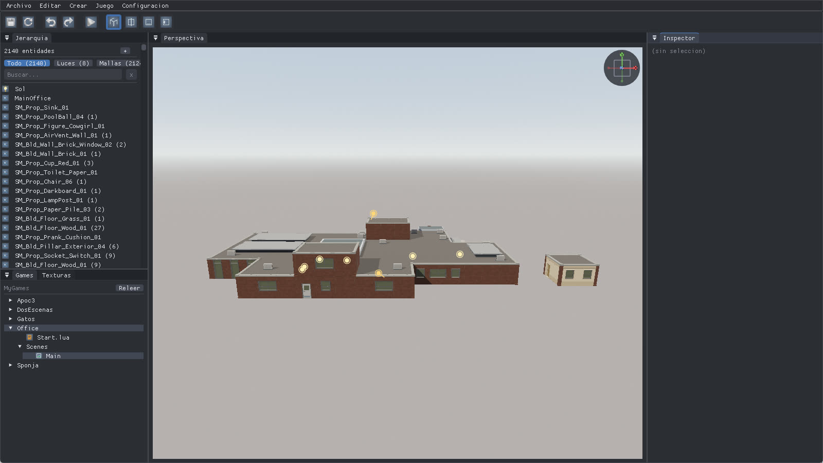 The editor showing the games tree, the hierarchy and an imported office scene