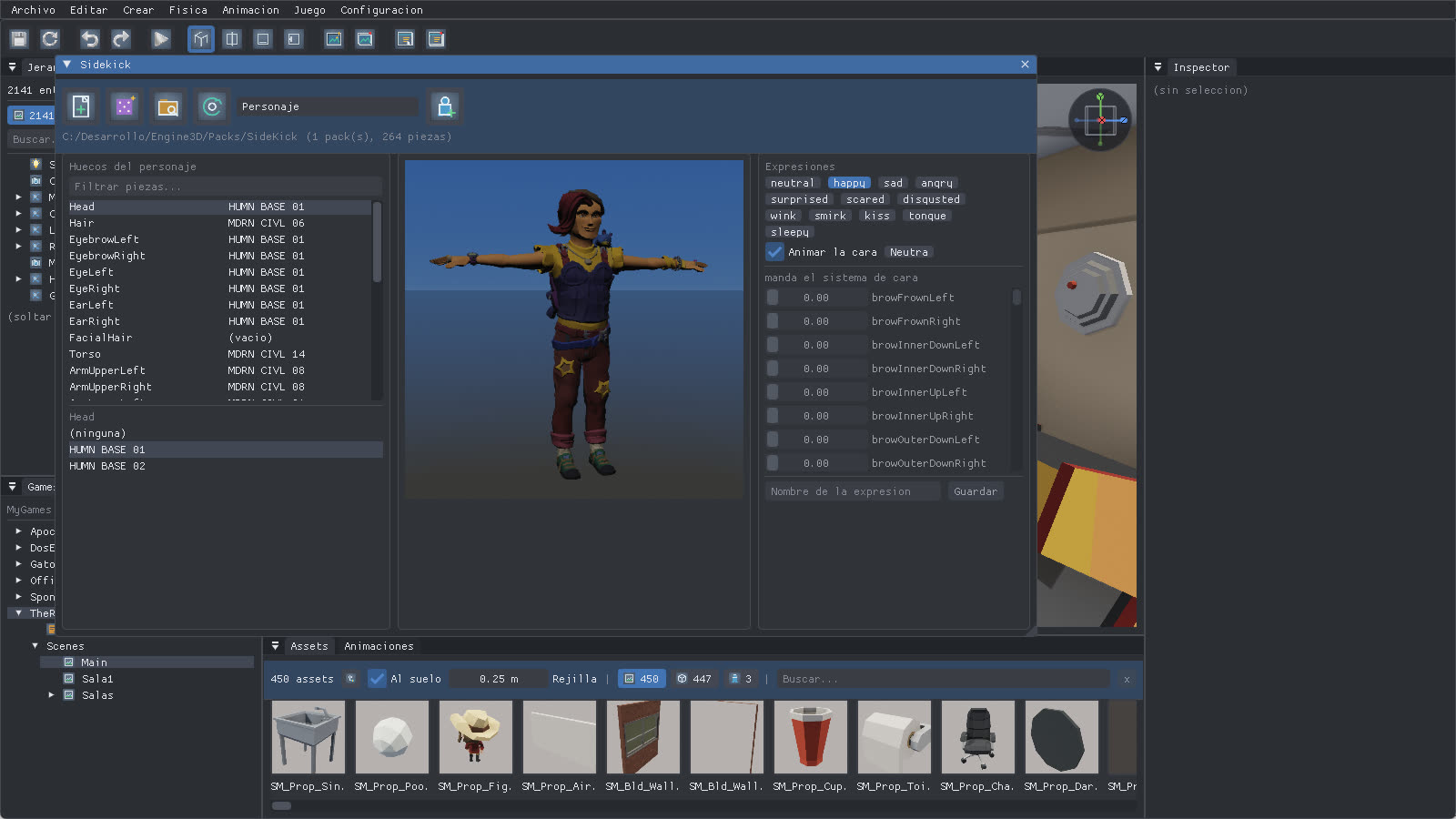 The SideKick character module: slots on the left, the assembled character in the centre and the expressions on the right