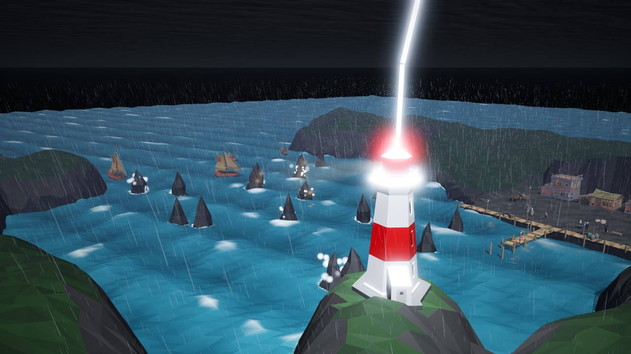 Un rayo cayendo sobre un faro rojo y blanco encima de una bahía
