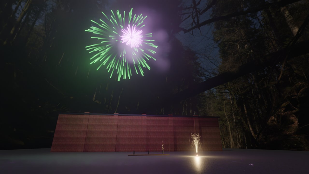 Fireworks bursting over a brick facade at night