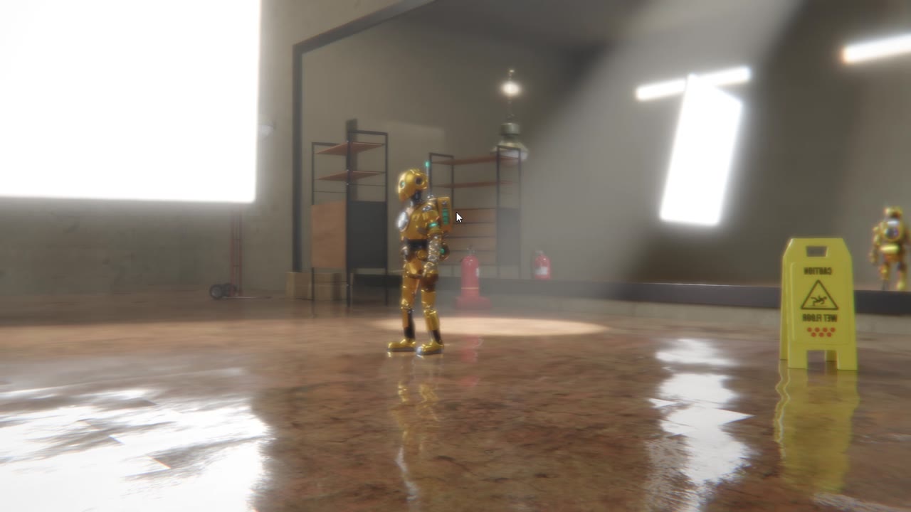 Robot on a wet polished floor reflecting the lights and a sign