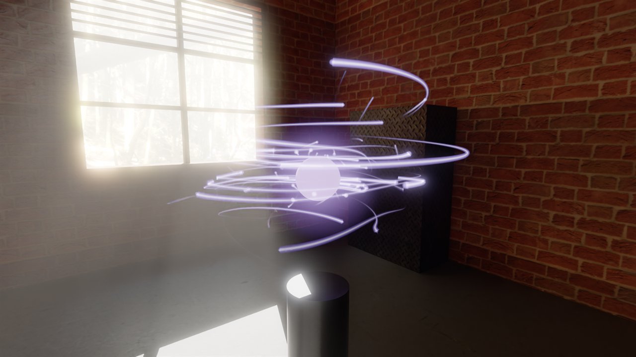Glowing orb with orbiting light trails in a sunlit room