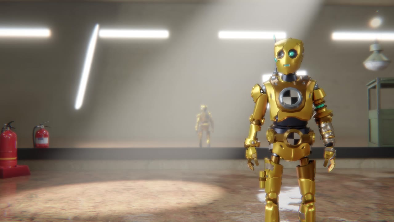 A robot character in a hall crossed by light shafts