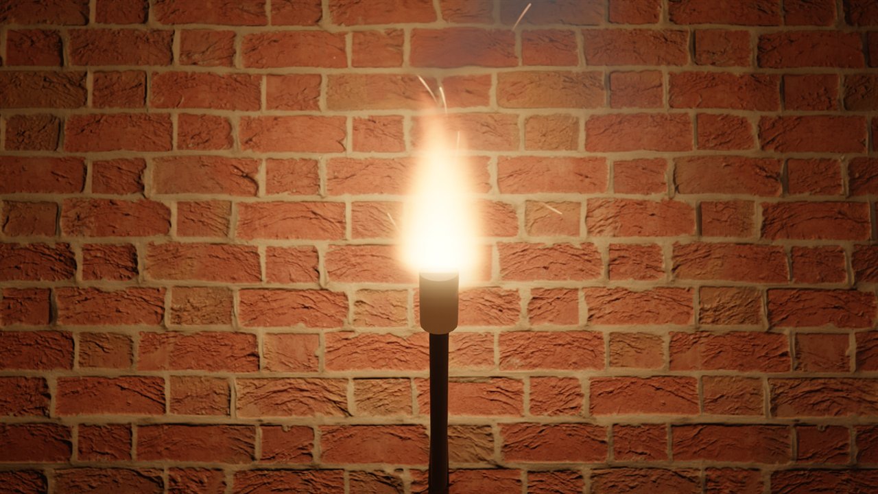 A torch flame against a brick wall