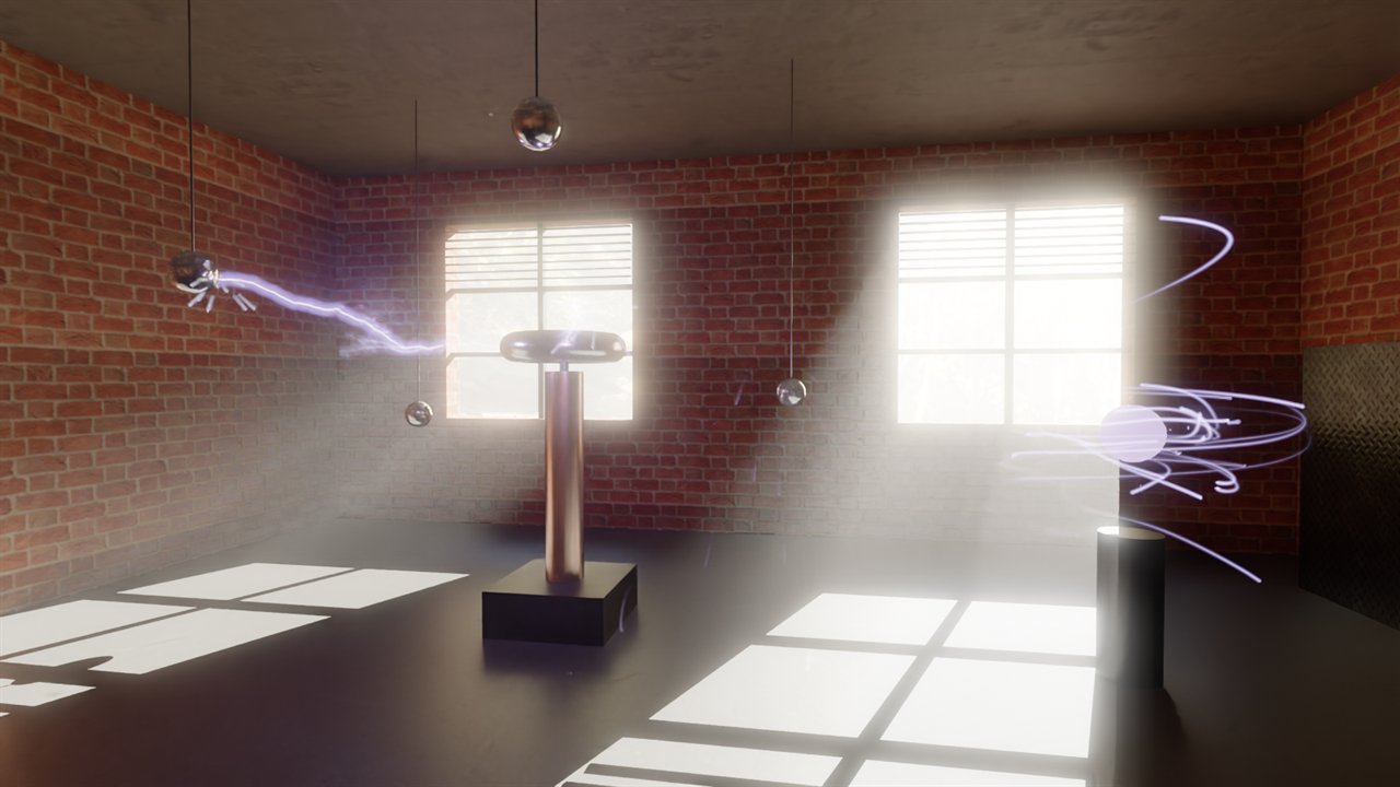 Tesla coil lightning in a sunlit brick room