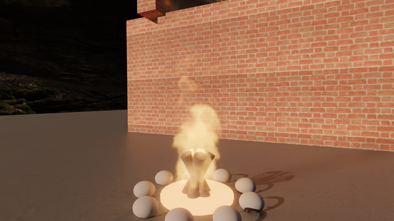 The same campfire rendered with the path tracer