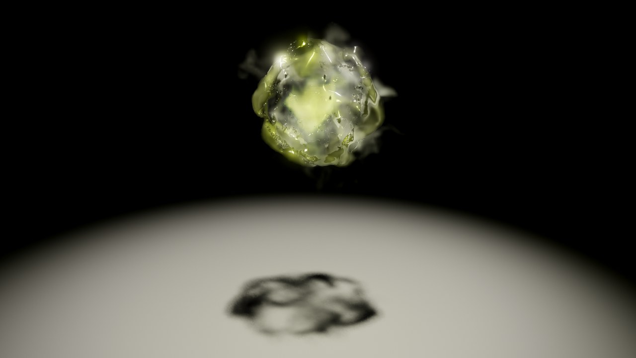 A glowing ball of fire held inside a shell of water, with smoke and its shadow on the floor