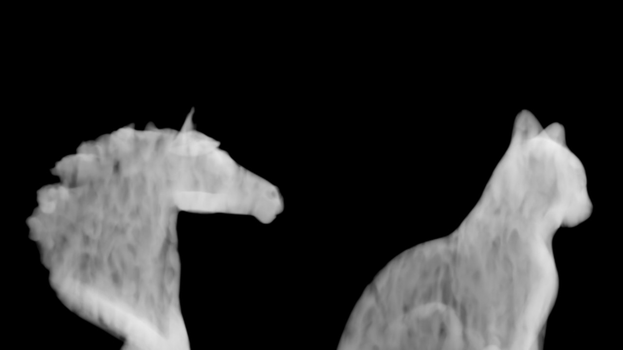 Smoke shaped as a horse head and as a cat statue