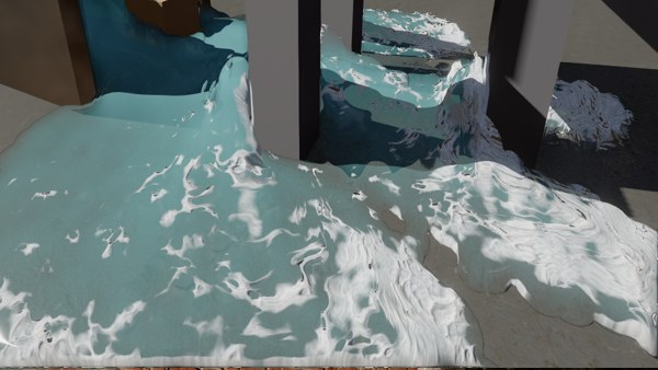 Water flooding out of an open tank gate, with foam on its front