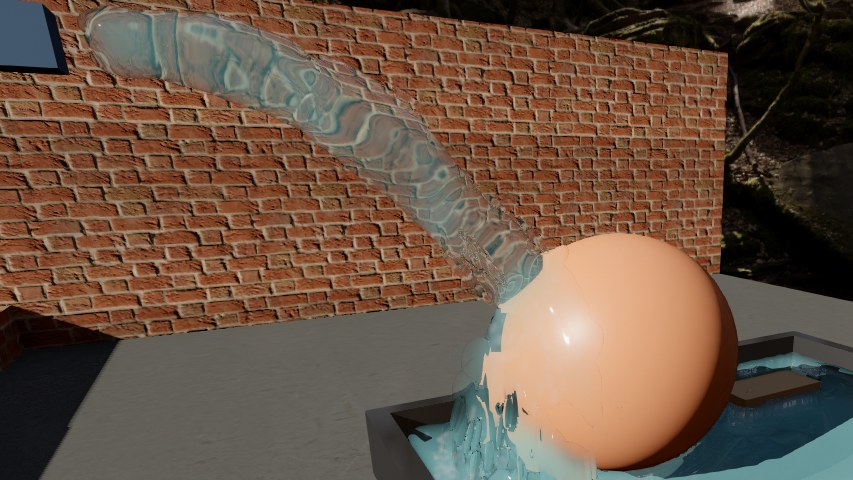 A water jet hitting a large ball and splashing into a basin with a floating ball